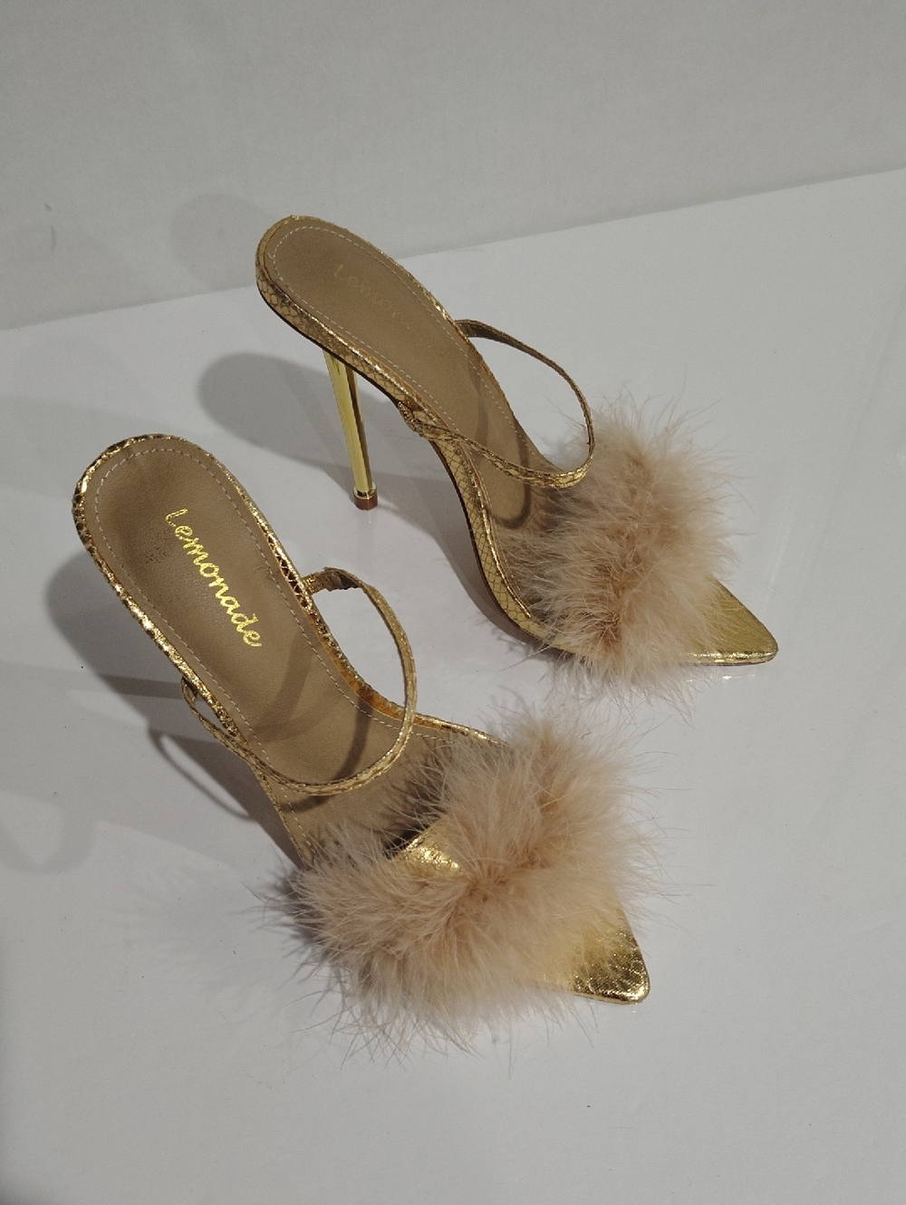 Lemonade Gold Feathered Pointed Slide Heels Size 8